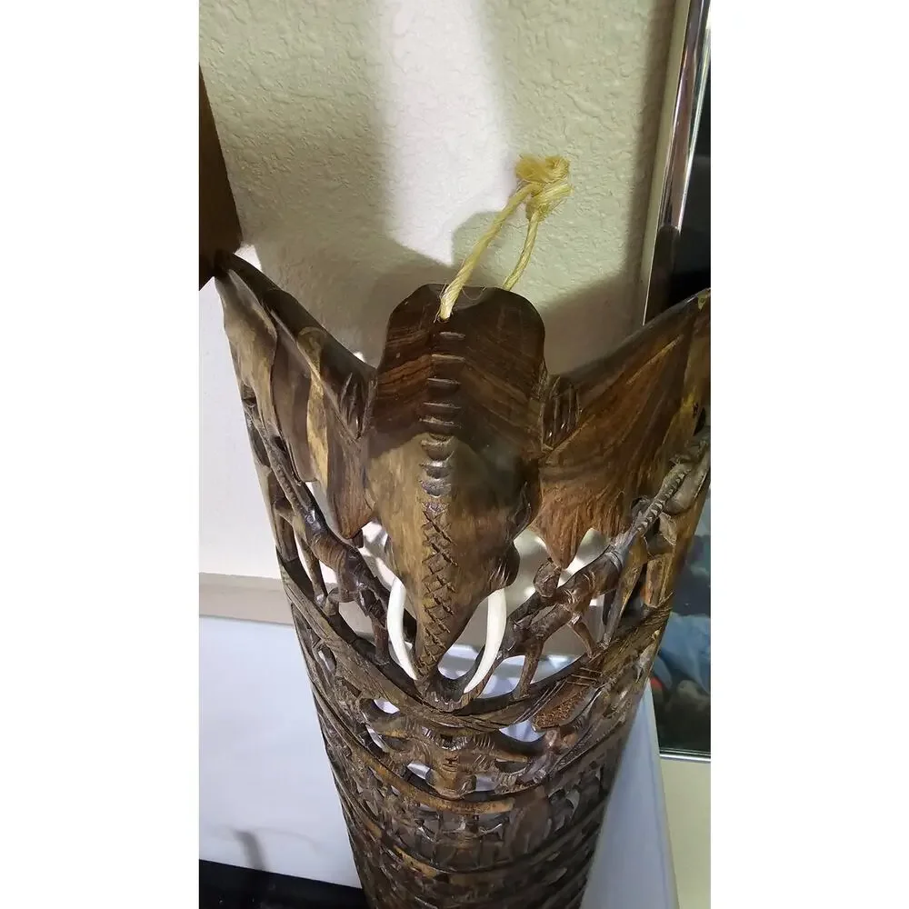 Vintage African Carved Curved Wood Tall Mask with Elephants, Lions, Rhinos